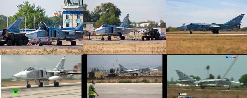 Бомбардировщики Су-24 на аэродроме Шагол (вверху) и на аэродроме Хмеймим (внизу)