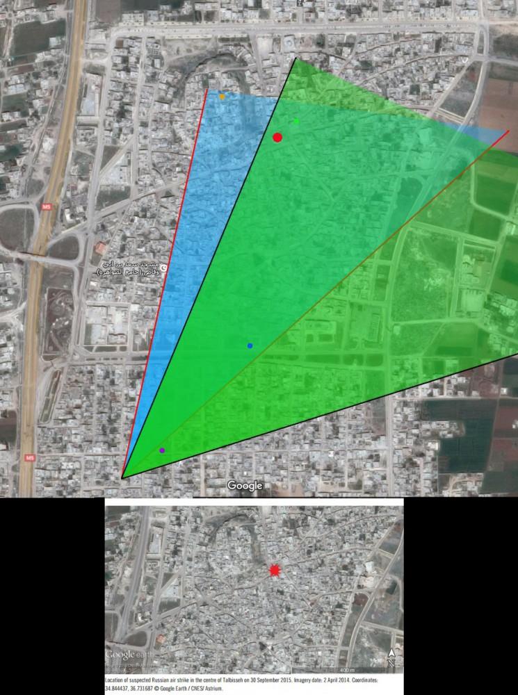Вверху: схема расположения объектов на видео, составленная нашей командой; внизу: скриншот из доклада Amnesty International; место авиаудара отмечено красным