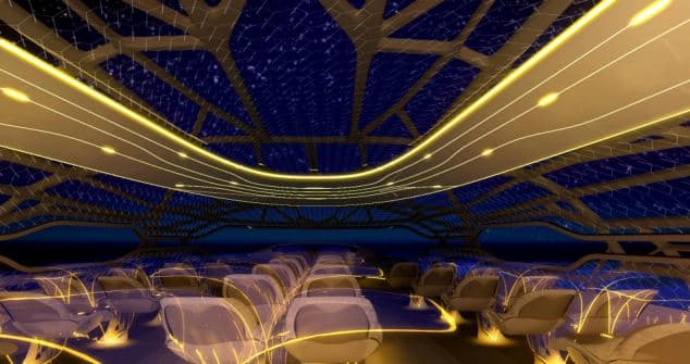 Starry skies: The cabin wall membrane controls air temperature and can become transparent to give passengers views throughout the day and night