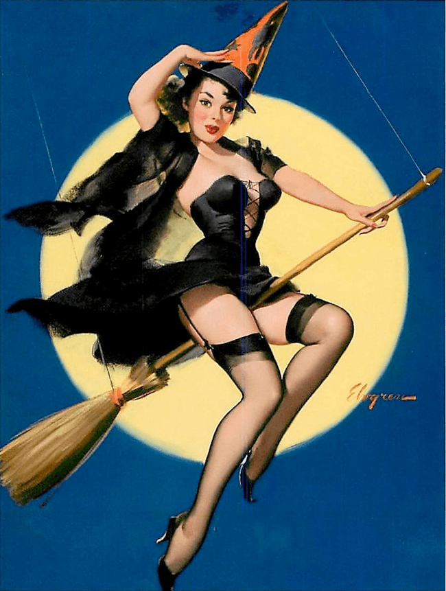 Halloween Witch Print - Pinup Girl Rides Broom Full Moon - Gil Elvgren, 1958 Halloween Witch Print - Pinup Girl Rides Broom Full Moon - Gil Elvgren, 1958